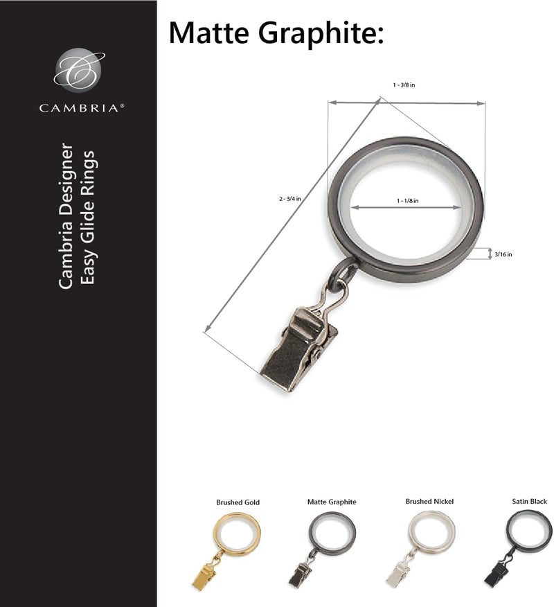 MODE Cambria Designer Series - Premium Easy Glide 18 Count Small Curtain Rings - Metal with Nylon Inserts and Clips - 1 inch Inner Diameter - use for rods 5/8" or Smaller - Matte Graphite - Image 3
